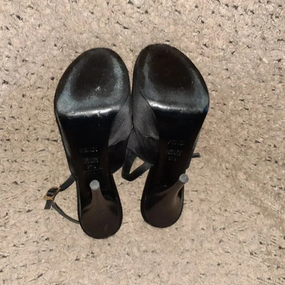 FENDI-Black Satin Peep Toe Platform Slingback Sandals-Sz 37.5-Excellent - Picture 7 of 8